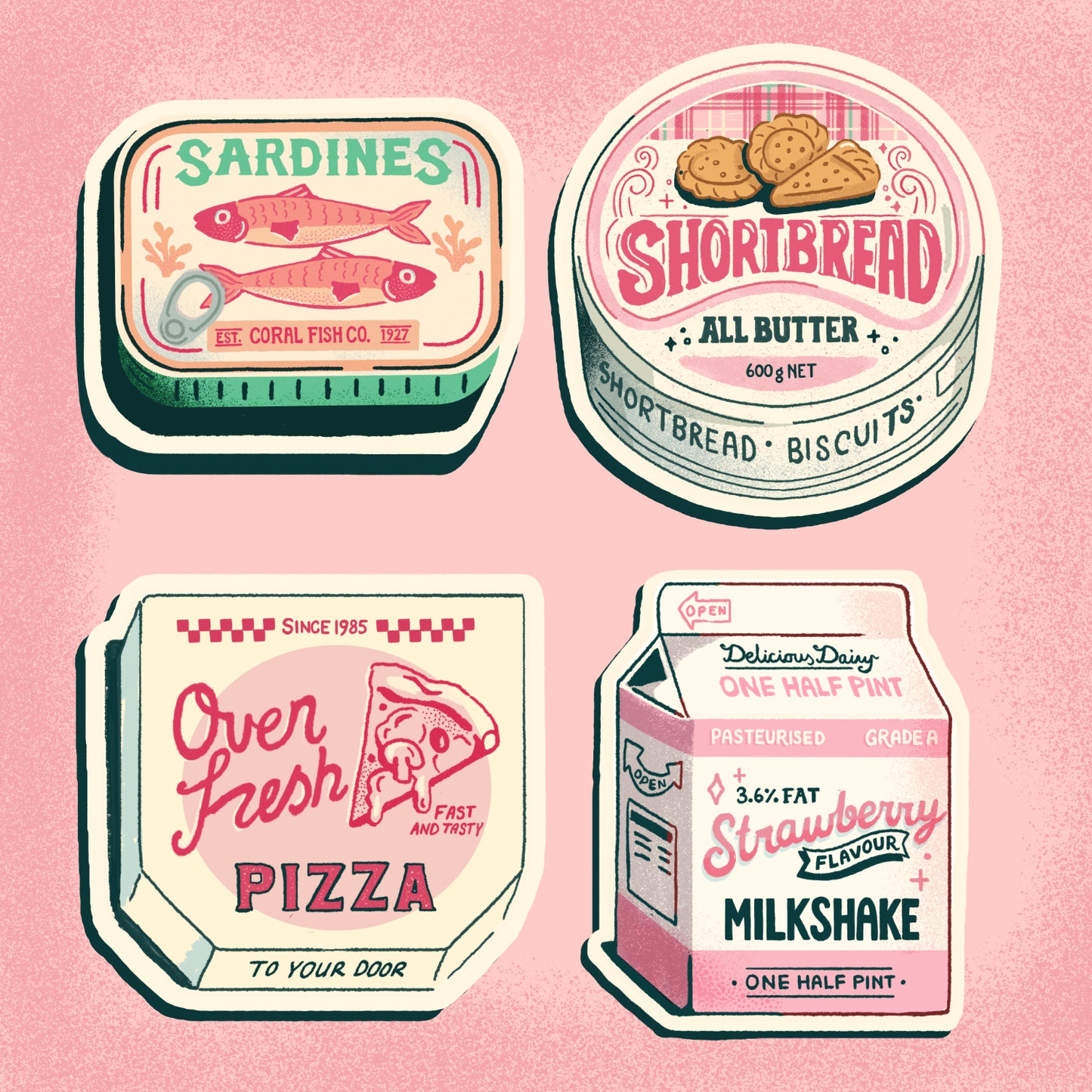 Four pack of vinyl stickers (food packaging)