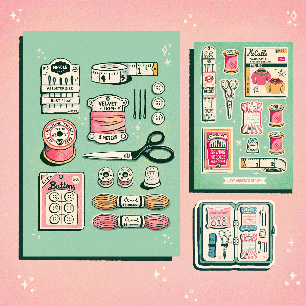 Sewing bundle (A5 print and stickers)