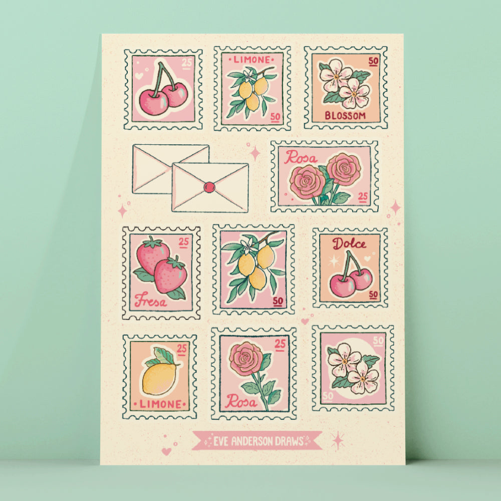 Botanical postage stamps sticker sheet